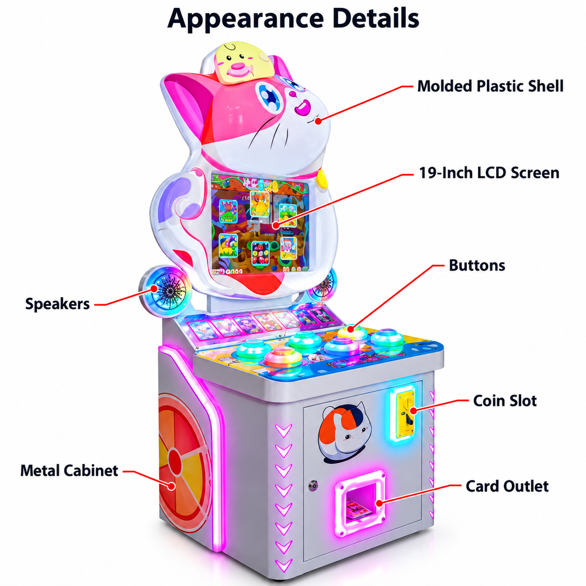 Cat Themed Whack a Mole Arcade Game Machine with LED Lights