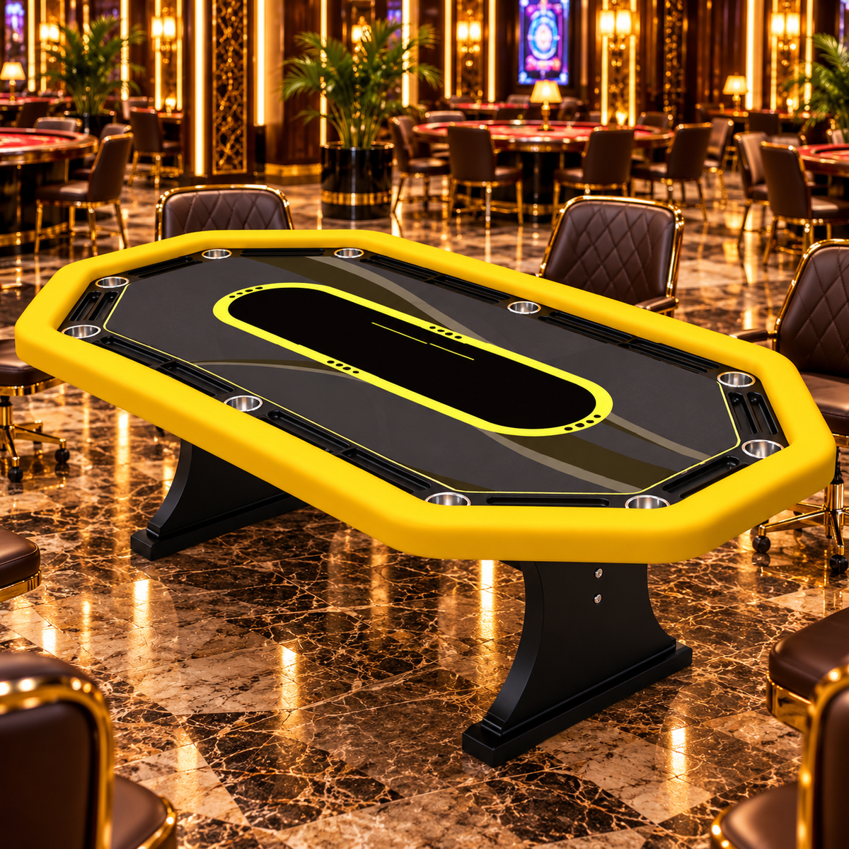 Long Octagonal Poker Table with Wooden Double Arc Leg Design