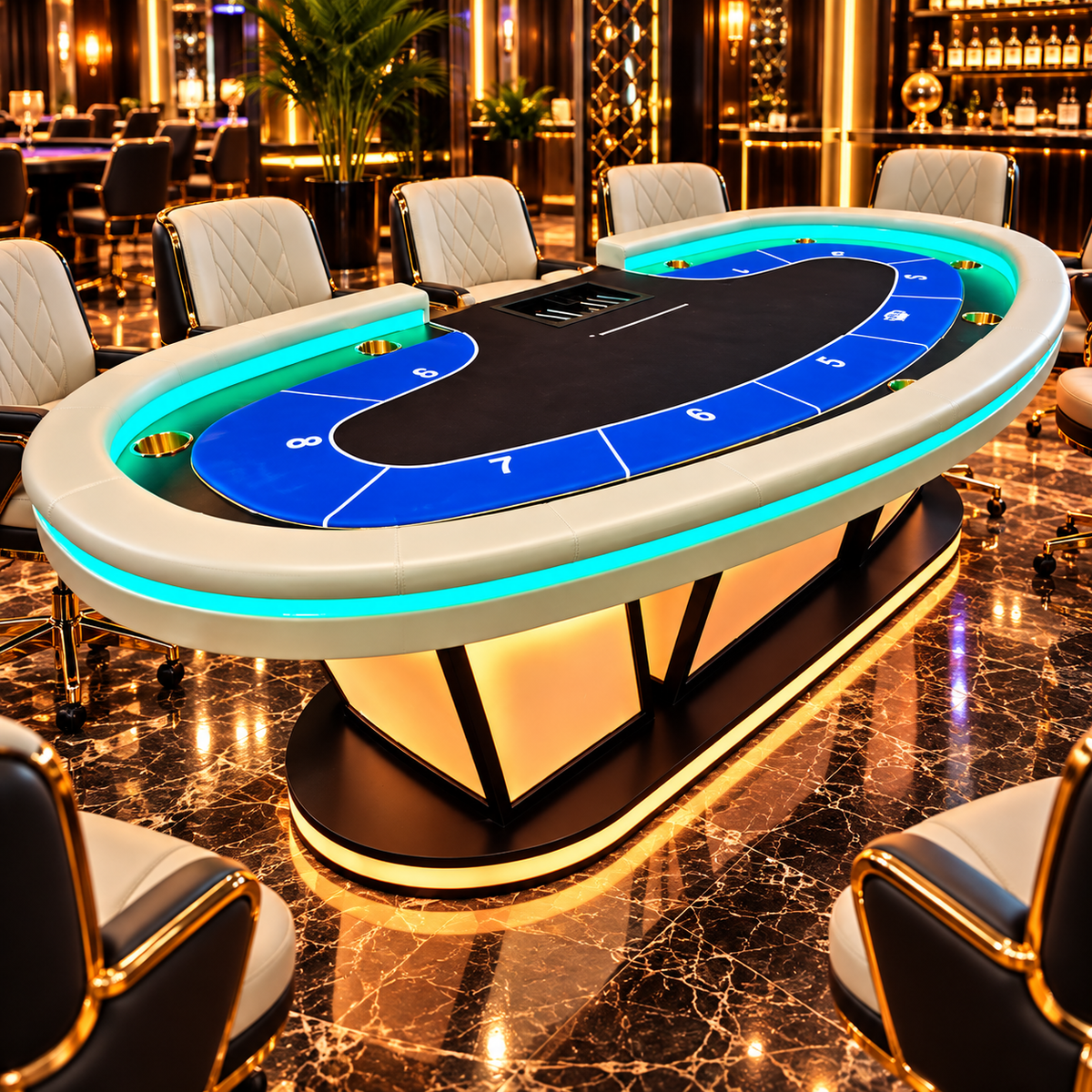 W Pedestal Texas Poker Table Dual Blue Felt