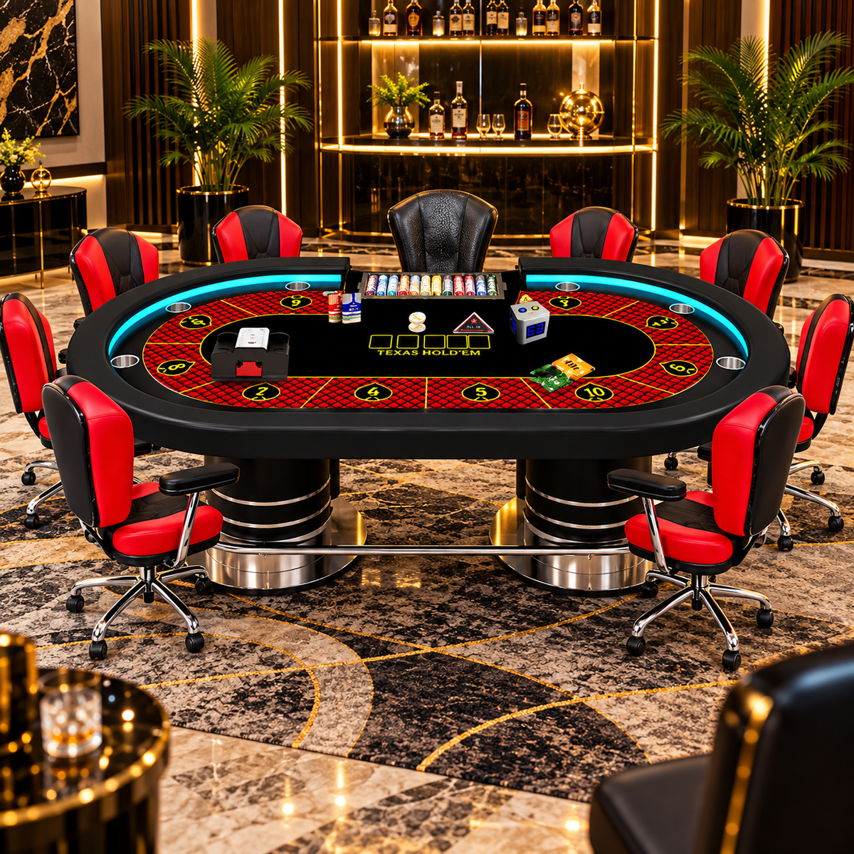 Casino Texas Hold’em Poker Table Set with Chairs Chips and Cards