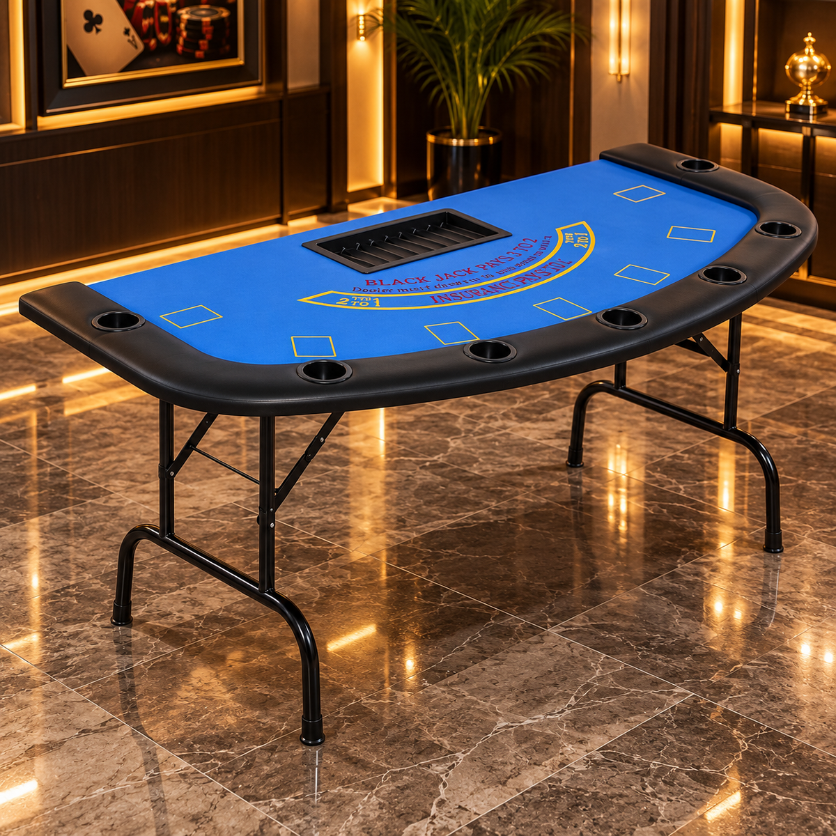 Foldable Half Round Blackjack Casino Table with Blue Felt and Cup Holders