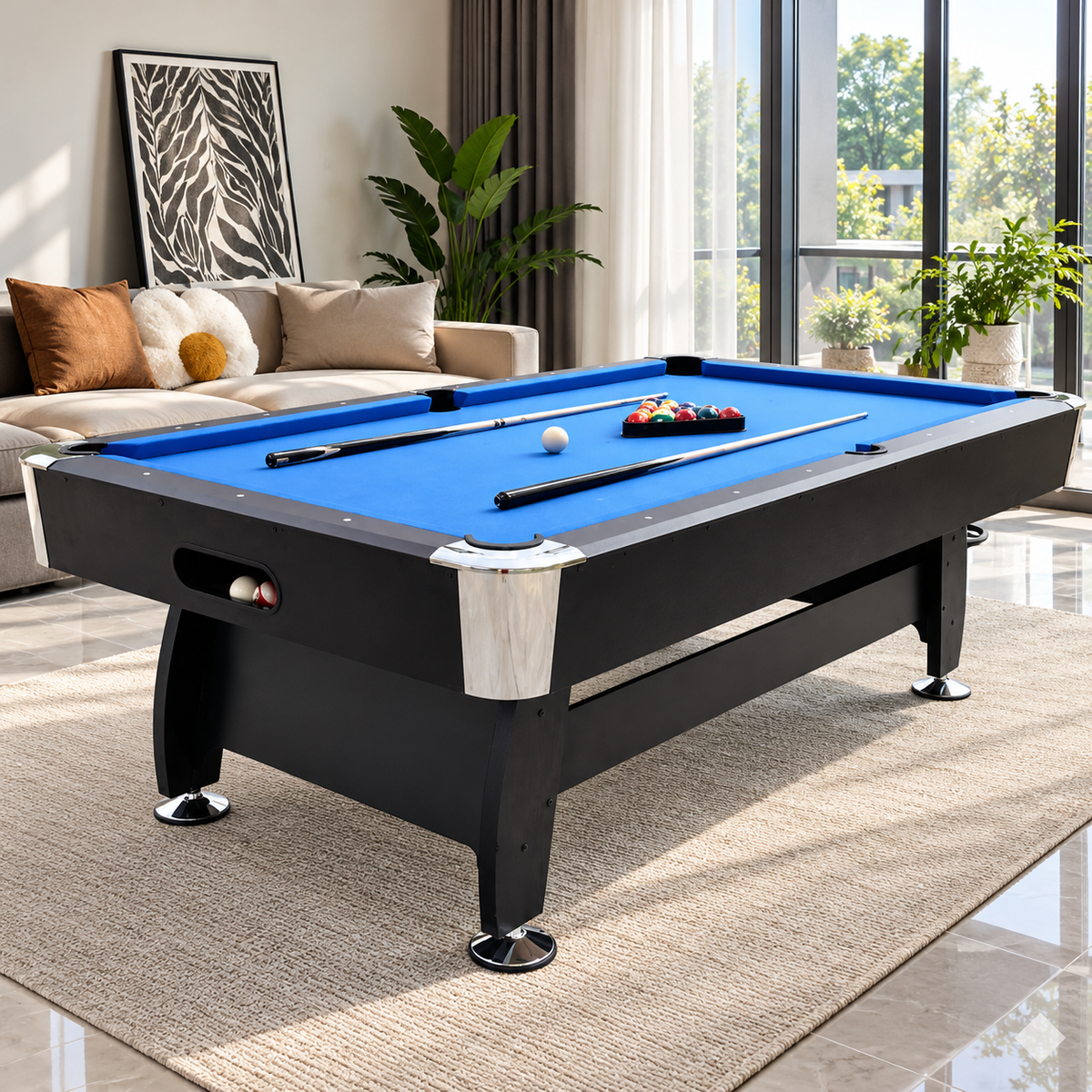 Professional Pool Billiards Table with Blue Felt and Leather Pockets