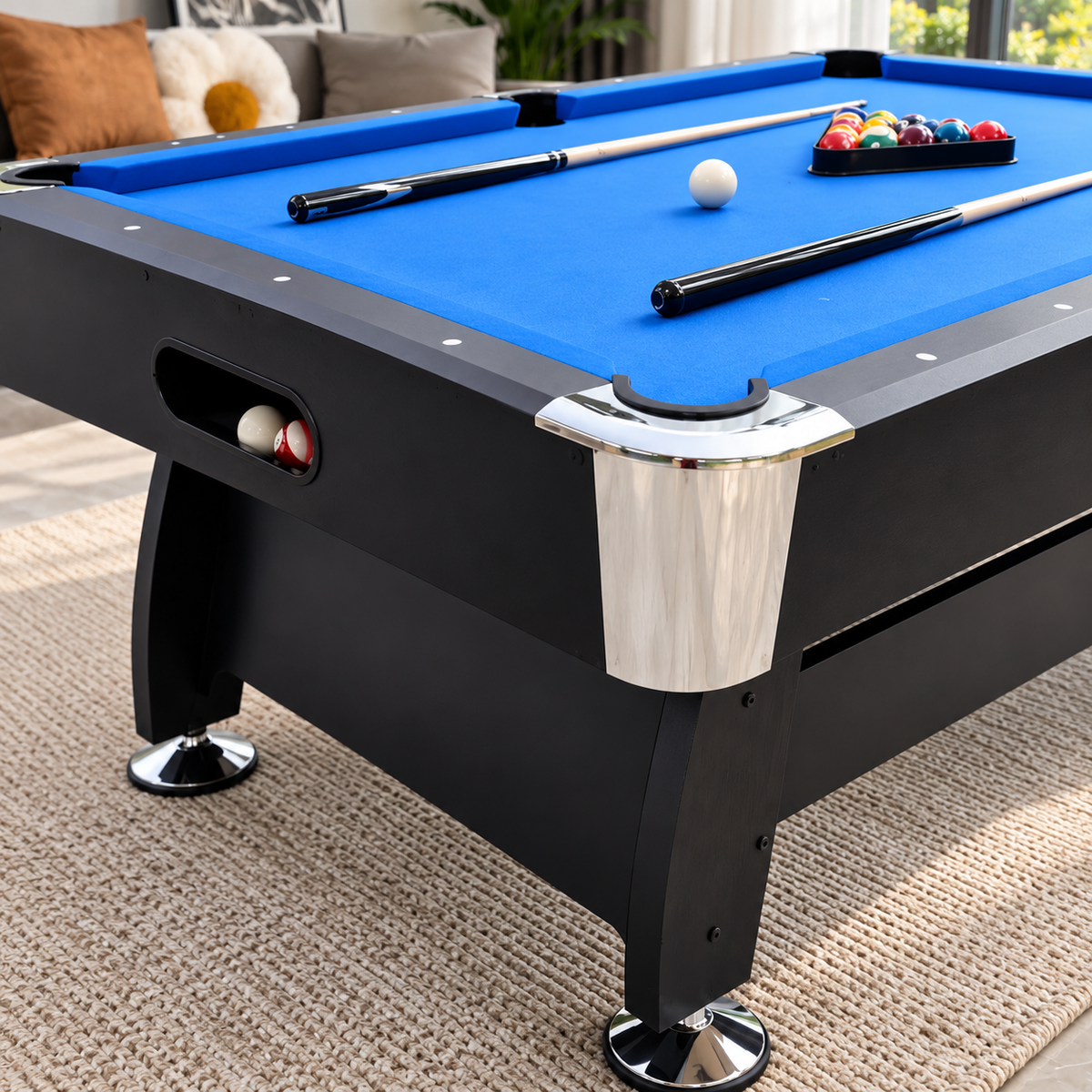 Professional Pool Billiards Table with Blue Felt and Leather Pockets