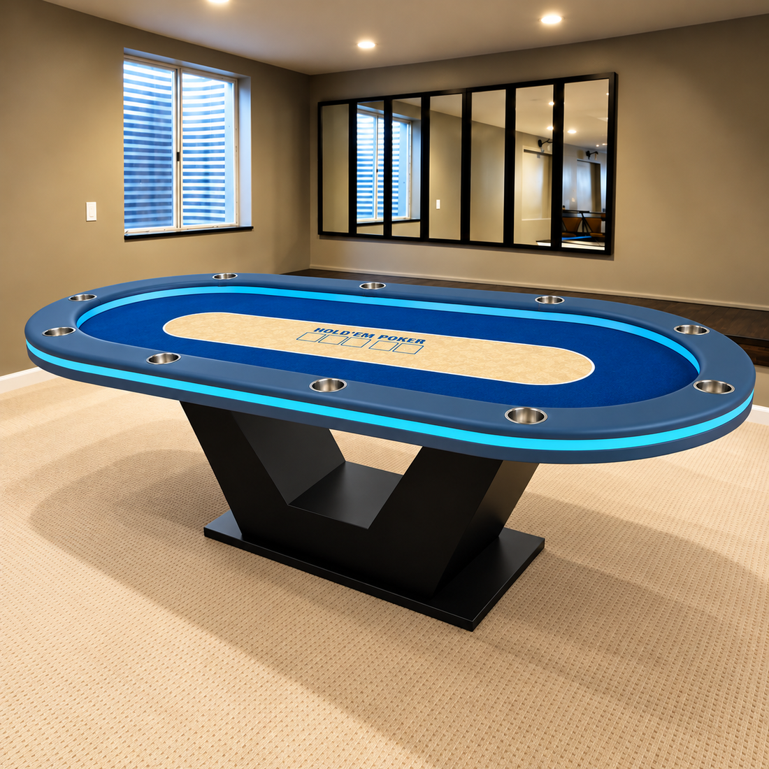 Oval Poker Table with Solid Wood Base and Steel Cup Holders
