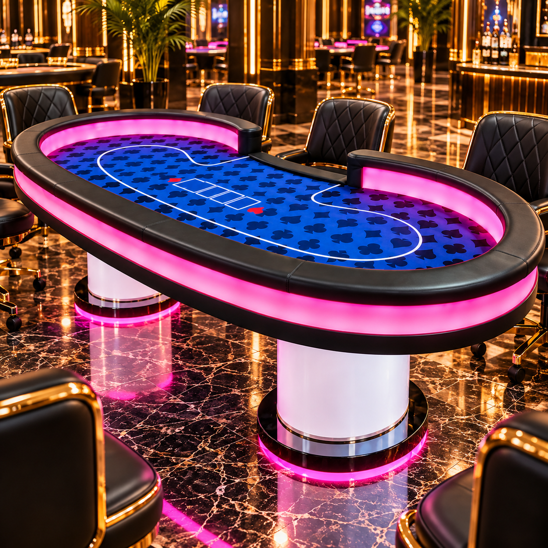 Cylinder Pedestal Texas Poker Table Blue Felt LED Base