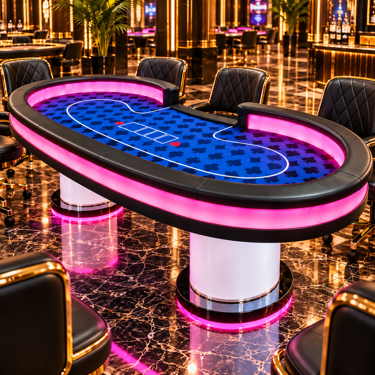 Cylinder Pedestal Texas Poker Table Blue Felt LED Base