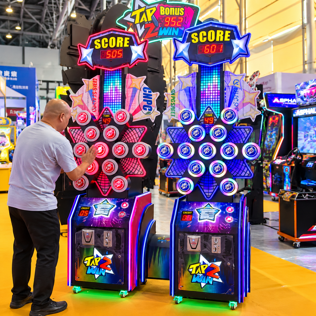 Two Player Interactive Reaction Arcade Game with Prize Redemption