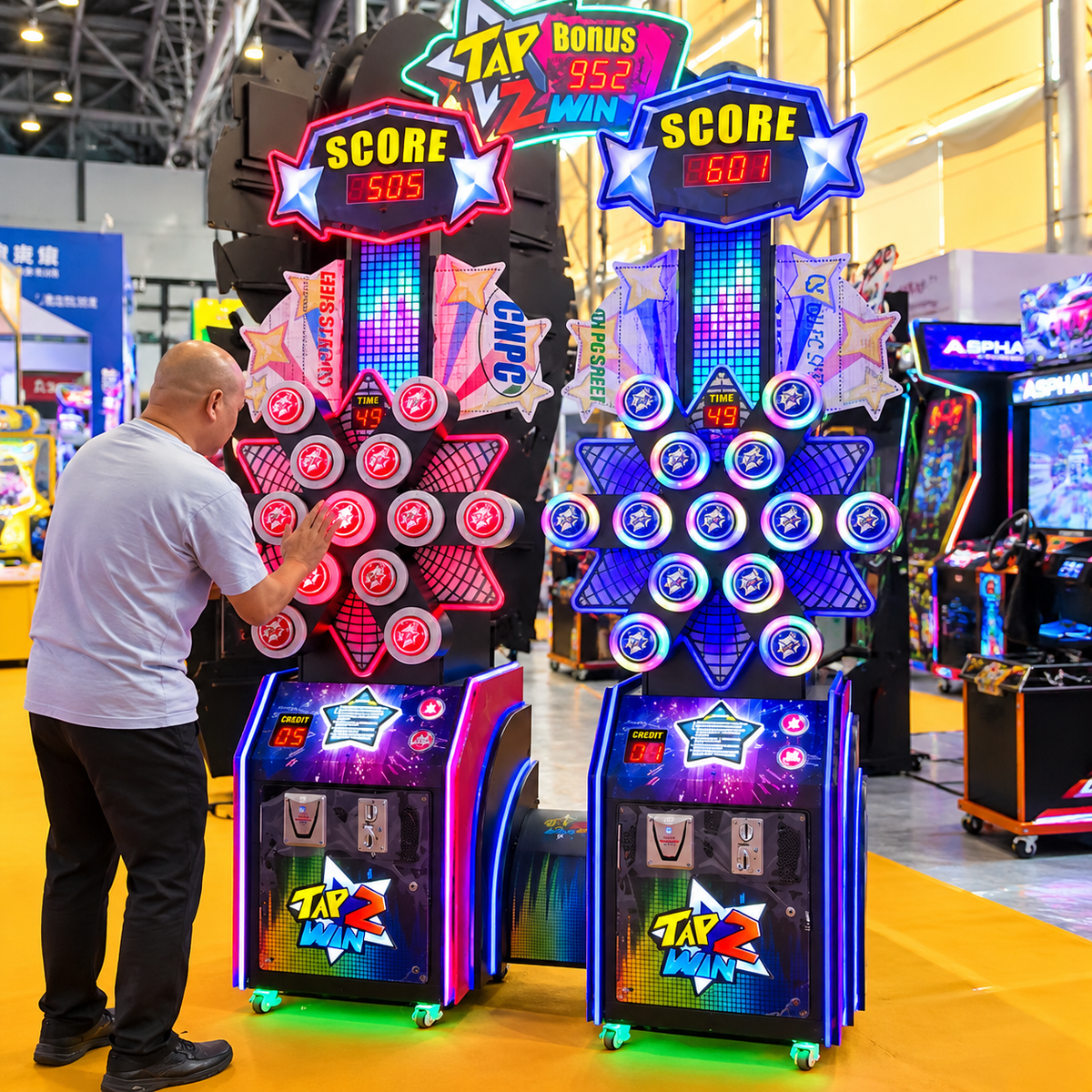 Two Player Interactive Reaction Arcade Game with Prize Redemption